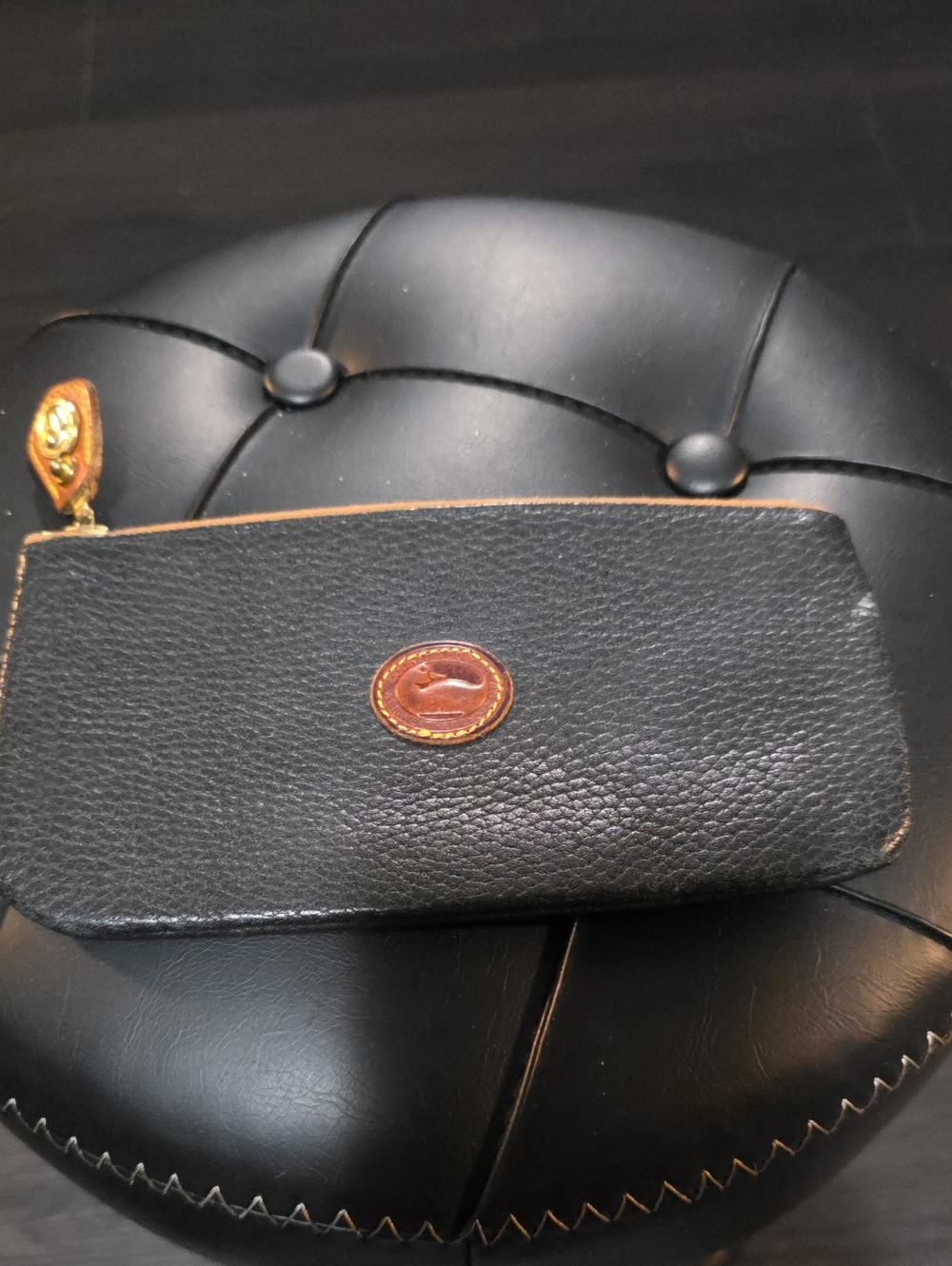 Dooney & Bourke Navy Pebbled Leather Zip For Cards And Cash Brown Logo Patch
